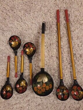 Khokhloma Hand-Painted Black and Gold Decorative Serving Spoons - Floral Design